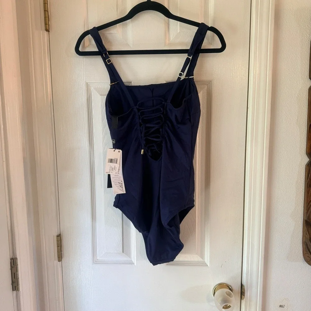 Becca Luxe Square-Neck‎ One-Piece Swimsuit Corset Back Indigo Blue 12